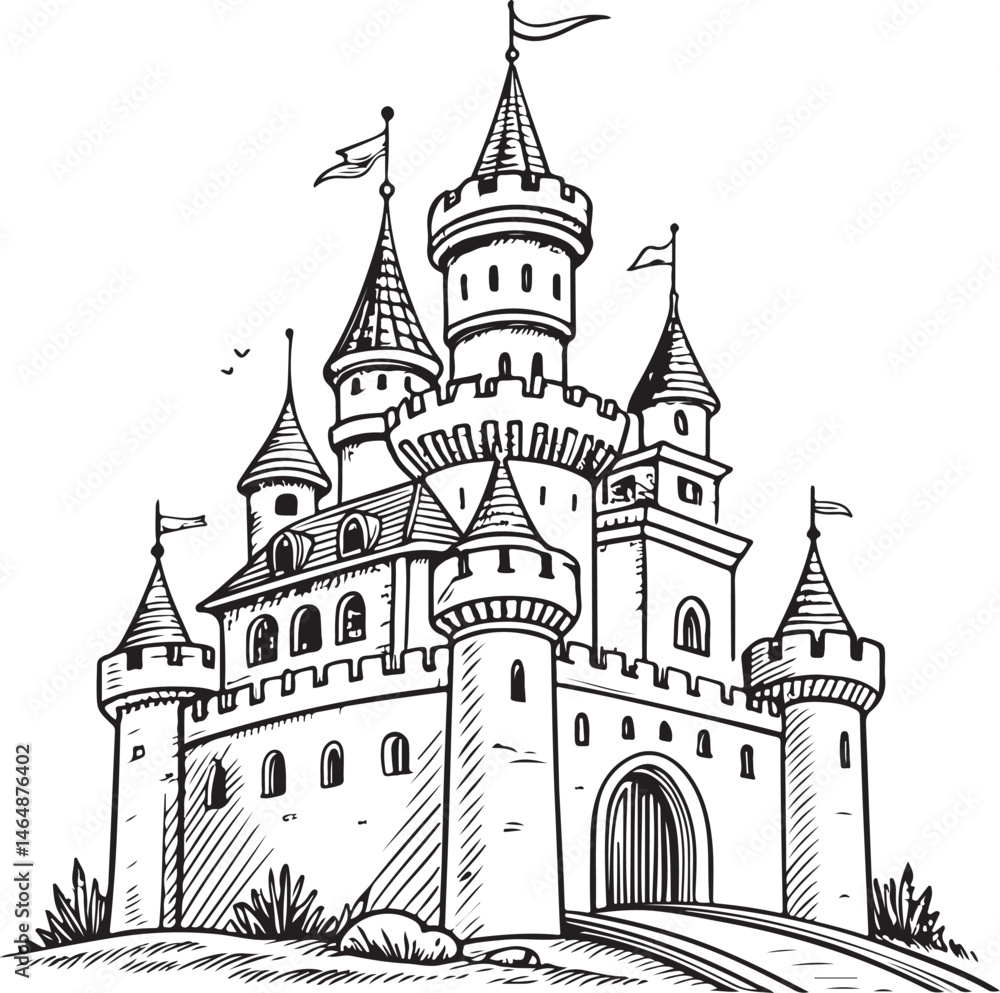 Castle, Fairy Tale, Black and White Vector Illustration, Sketch Drawing Line Linear Symbol Icon Engraving, Hand-drawn Isolated Castle, Fairy Tale, Black and White Vector Illustration, Sketch Drawing Line Linear Symbol Icon Engraving, Hand-drawn Isolated