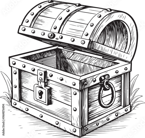 Treasure chest, Fairy Tale, Black and White Vector Illustration, Sketch Drawing Line Linear Symbol Icon Engraving, Hand-drawn Isolated
