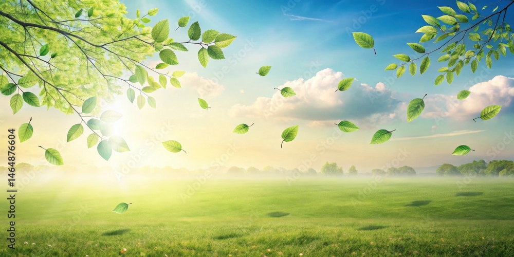 Fototapeta premium Serene Spring Meadow Landscape with Sunlight and Falling Leaves in Gentle Breeze