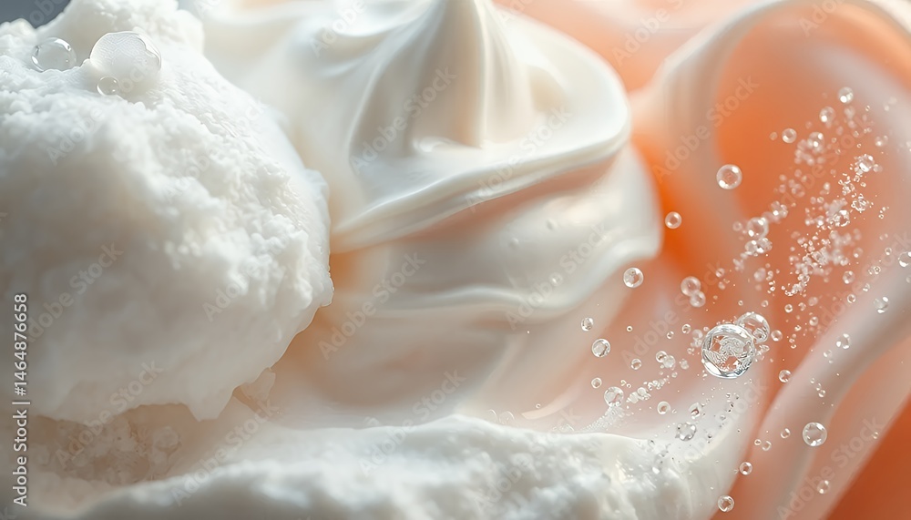Close Up of Textured White Cream with Water Droplets on Peach Gradient Background in Studio Lighting Close Up of Textured White Cream with Water Droplets on Peach Gradient Background in Studio Lighting
