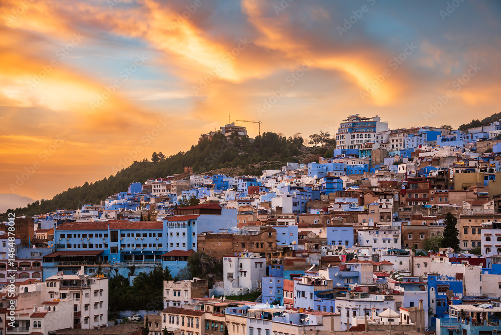 Obraz premium Panoramic view of Chefchaouen, Morocco. The blue city on sunset
