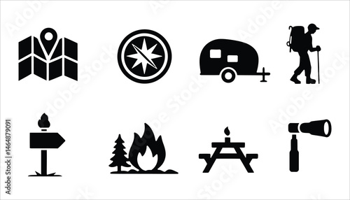 Camping, Hiking, and Adventure Icons: Map, Mountain, Fire, Bike, Canoe