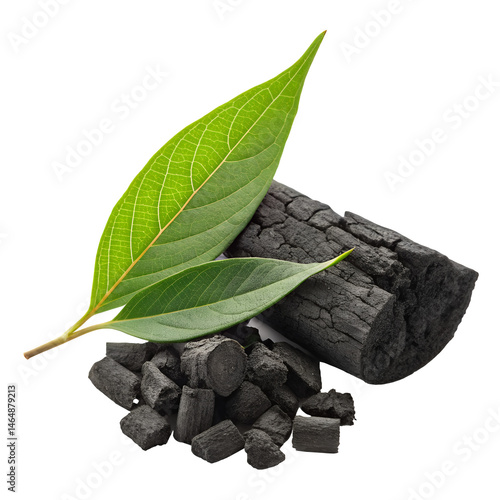Natural Charcoal with Greenery: A close-up shot of a pile of charcoal next to some fresh green leaves, suggesting purity and natural elements.