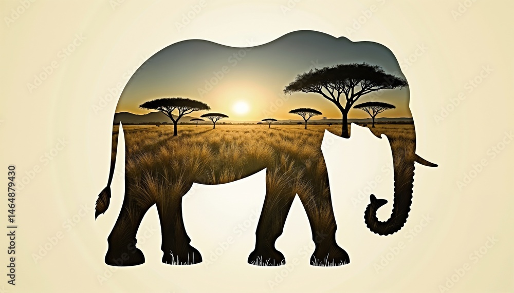 Elephant silhouette with sunset and acacia trees landscape