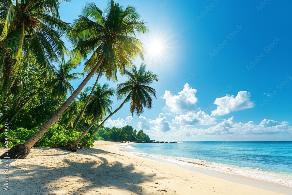 Obraz premium Tropical beach paradise with palm trees under bright sun