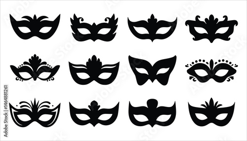 Mardi Gras Mask Set. Black Silhouette Decorative Masks Vector.