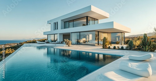 Architectural marvel: stunning modern villa with infinity pool overlooking the tranquil sea, perfect getaway for relaxation and luxury