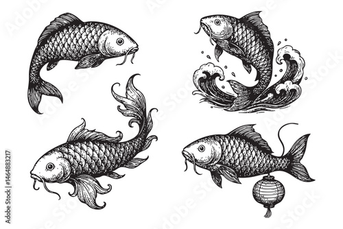 koi fish set woodcut engraving vector illustration