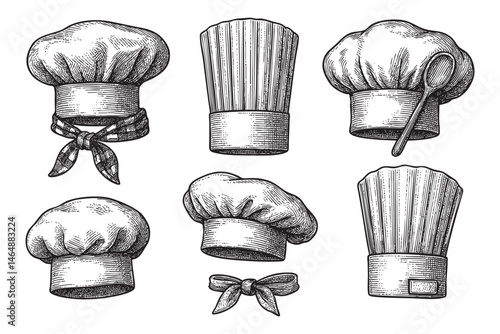 chef hat set woodcut engraving vector illustration