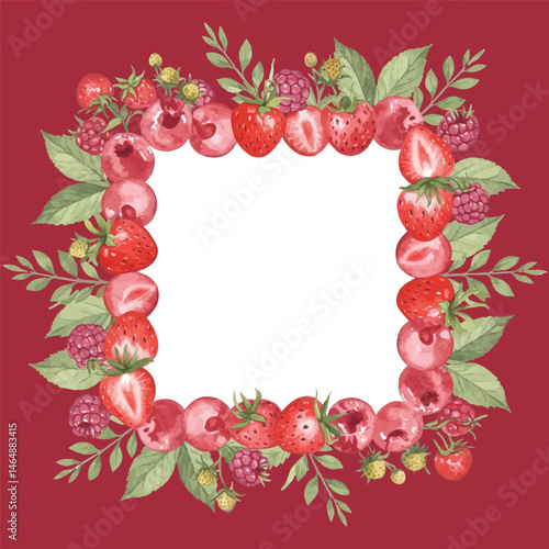 frame of strawberries, raspberries, cherry and leaves with place for text on red