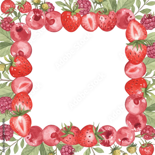 frame of strawberries, raspberries, cherries and leaves with white place for text