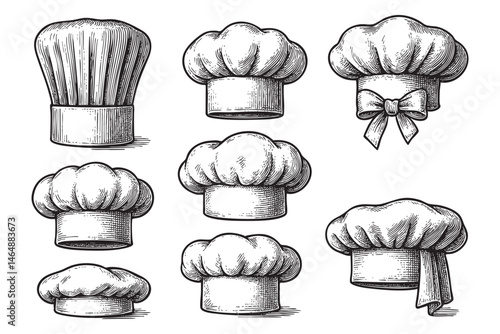 chef hat set woodcut engraving vector illustration