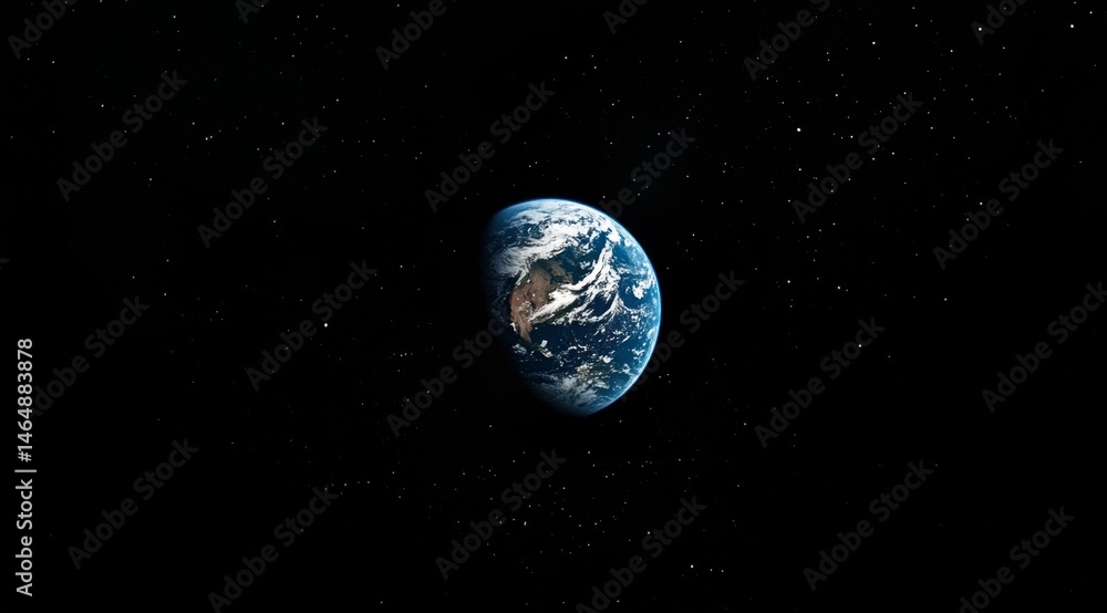 Earth seen from space, dark backdrop, numerous stars,  astronomical view