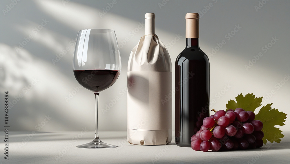 Obraz premium Unbranded wine bottle with red wine glass and grapes. Elegant composition ideal for beverage advertising, wine packaging, or branding presentations.