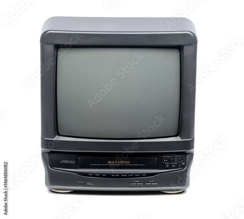 Old CRT TV VCR combined in one unit, isolated on a transparent background PNG.