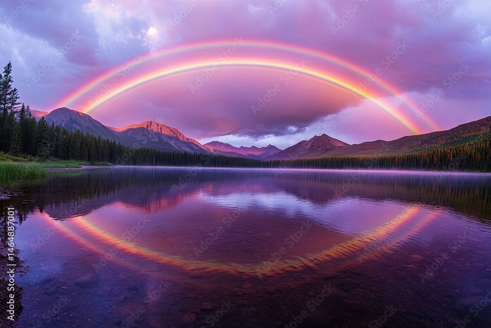Serene mountain lake at sunrise with a double rainbow Serene mountain lake at sunrise with a double rainbow