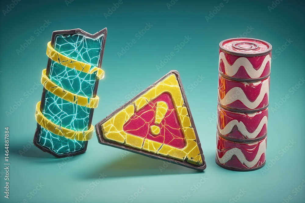 Obraz premium Colorful warning symbols and decorative items displayed on a vibrant background creating an artistic composition