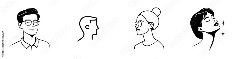 Vector illustration icons of diverse individuals showcasing different facial profiles and expressions in a minimalist style Vector illustration icons of diverse individuals showcasing different facial profiles and expressions in a minimalist style