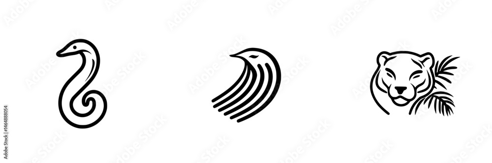 Unique vector illustration icons showcasing a seahorse, stylized bird, and tiger head within a tropical theme Unique vector illustration icons showcasing a seahorse, stylized bird, and tiger head within a tropical theme