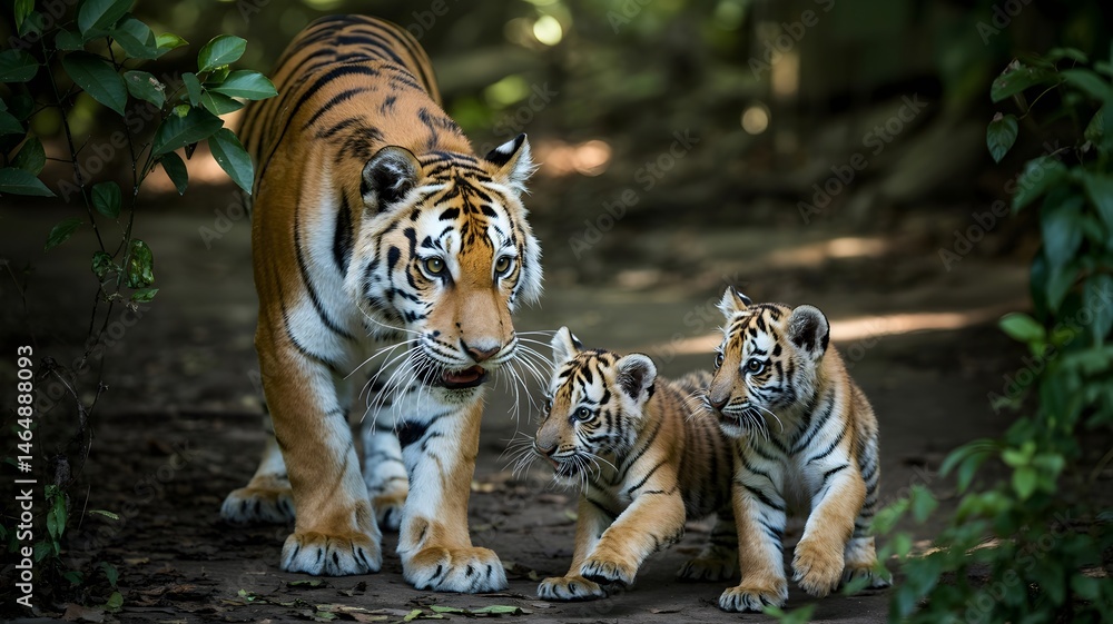 Fototapeta premium A majestic tigress with her two adorable cubs in a lush, green forest. The tigress stands protectively, while the cubs explore their surroundings