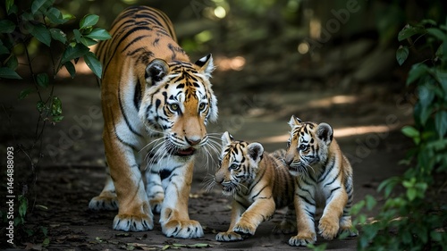 A majestic tigress with her two adorable cubs in a lush, green forest. The tigress stands protectively, while the cubs explore their surroundings