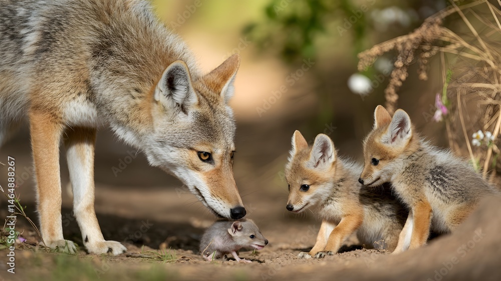 A Coyote family moment: mother and pups, a tender scene of a family. The adult coyote seems to be examining the mouse given to pups A Coyote family moment: mother and pups, a tender scene of a family. The adult coyote seems to be examining the mouse given to pups