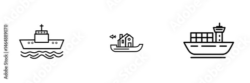 Vector illustration icons of various boats depicting marine transportation and activities in a minimalist style