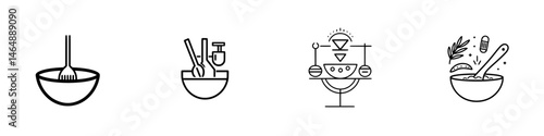 Vector illustration icons depicting kitchen utensils and cooking activities in a minimalist style for culinary design projects