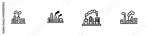 Four distinct vector icons depict factories with smokestacks, illustrating industrial activity in a city
