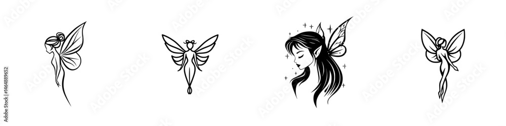 Vector illustration icons of magical fairy designs showcasing various styles and poses in a whimsical, enchanting theme Vector illustration icons of magical fairy designs showcasing various styles and poses in a whimsical, enchanting theme