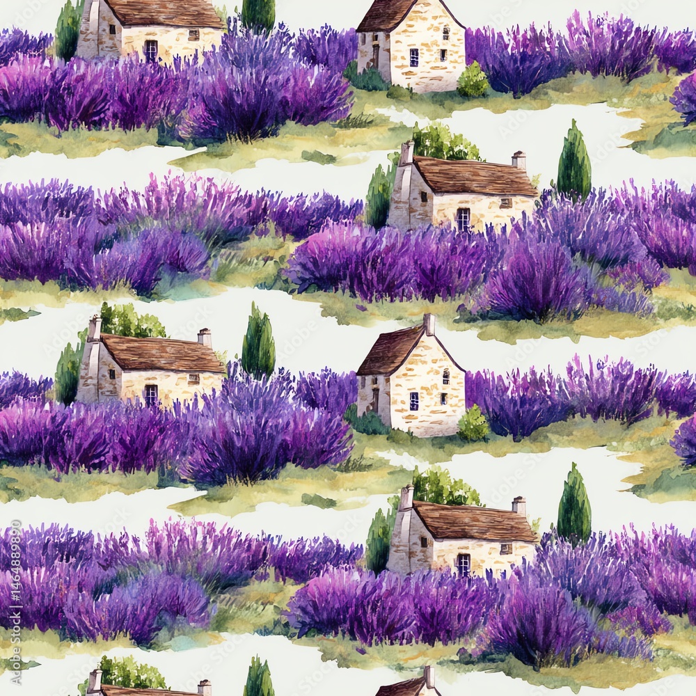 Seamless pattern. A charming pattern featuring lavender fields and rustic cottages in soothing colors.