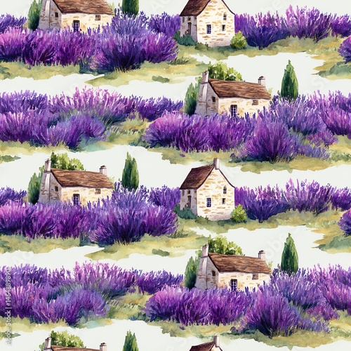Seamless pattern. A charming pattern featuring lavender fields and rustic cottages in soothing colors.
