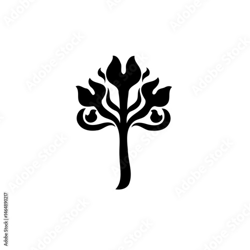 Stylized arboreal silhouette with swirling branches creates a visual harmony