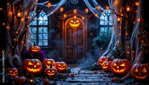 spooky halloween party setting, tangled cobwebs, carved pumpkins, eerie orange lights, festive ambiance, 4k resolution