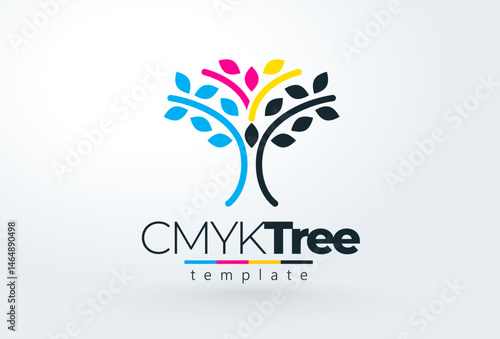 Cmyk Logo. Abstract Tree and Leafs. Printing theme. Template design vector. White background