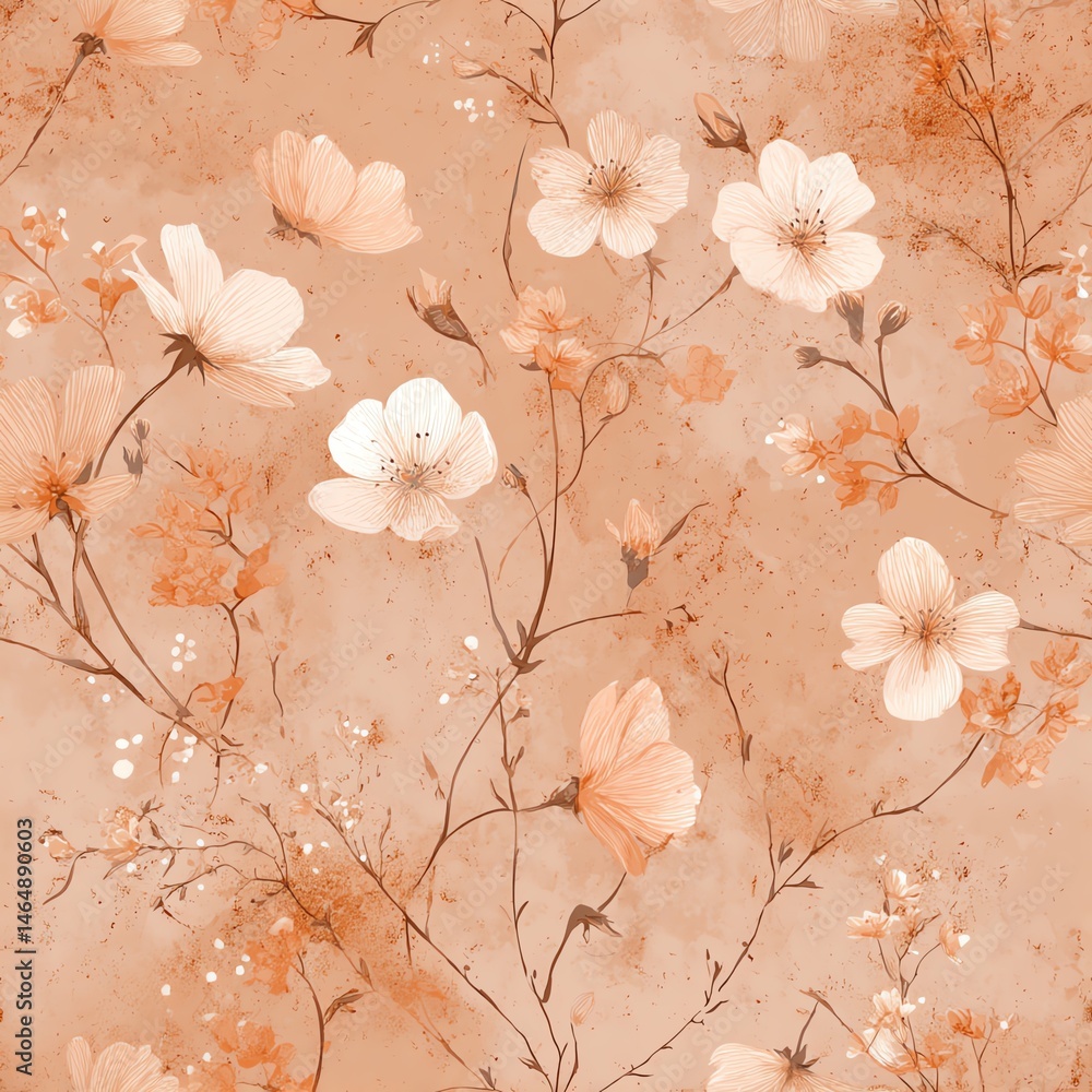 Seamless pattern. A delicate floral pattern with soft peach and cream-colored blooms on a warm background.