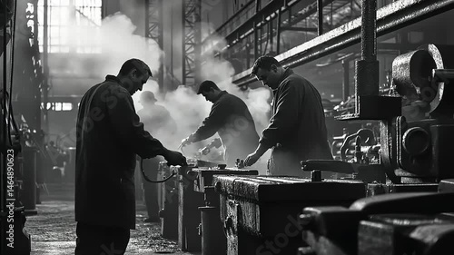 Hardworking Men in the Industrial Revolution Era Working in the Heavy Iron Factory