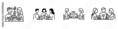 Vector illustration depicting various dining experiences with couples and groups enjoying meals together in a cozy restaurant setting