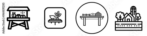 Vector illustration of farm stand icons showcasing fresh produce and rural scenery