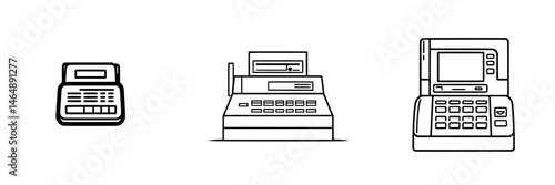 Vector illustration of various payment machines including a calculator, cash register, and card reader