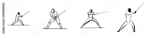 Fencing techniques illustrated in vector format showcasing four distinct positions of fencers engaged in the sport