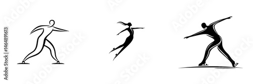 Vector illustration of three ice skaters in dynamic poses showcasing graceful movement and athleticism