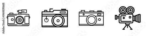 Vector illustration depicting various camera styles and configurations for photography enthusiasts and filmmakers in a simple design