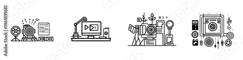 Vector illustration of various photography and video production tools in a creative workspace setup