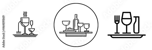 Vector illustration icons of dining elements featuring drinks, food, and utensils for restaurant design and menu layouts