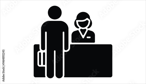 Business Reception Icon . Person Checking In with Staff at Counter.