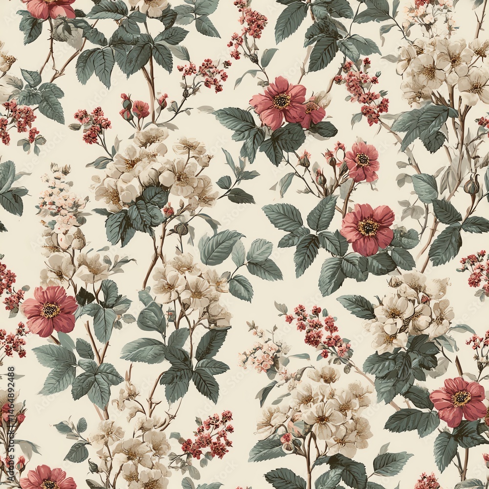 Seamless pattern. Beautiful floral pattern featuring pink and cream flowers with lush green leaves.