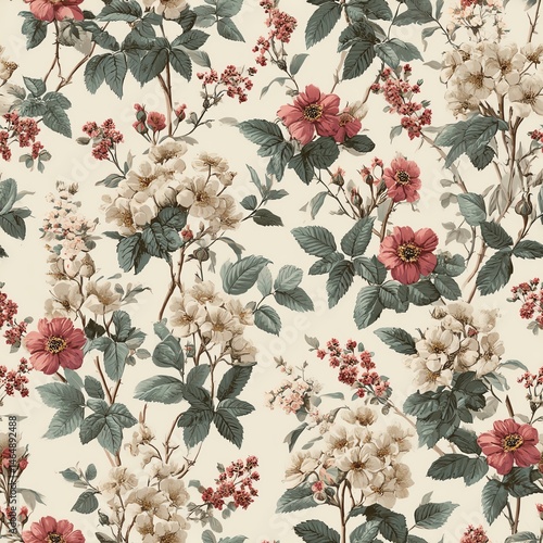 Obraz na płótnie Seamless pattern. Beautiful floral pattern featuring pink and cream flowers with lush green leaves. w salonie