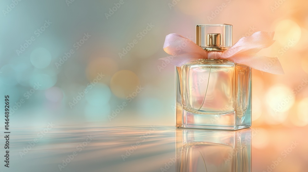 A transparent perfume bottle with a ribbon stands against a softly illuminated, colorful background, reflecting light and creating a dreamy atmosphere. A transparent perfume bottle with a ribbon stands against a softly illuminated, colorful background, reflecting light and creating a dreamy atmosphere.