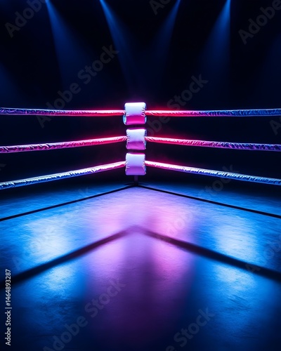 Illuminated boxing ring, vibrant purple and blue lighting